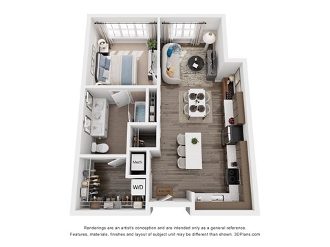Floor plan for 1 bed, 1 bath, 714 sqft